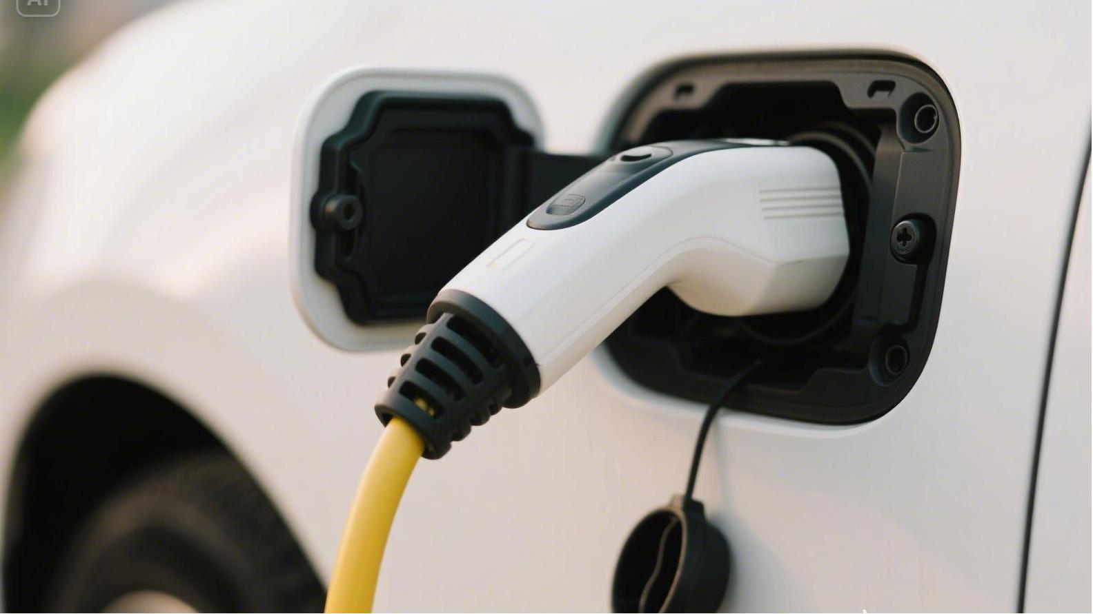 充電樁充電槍插在車上的特寫，寫實(shí)一些